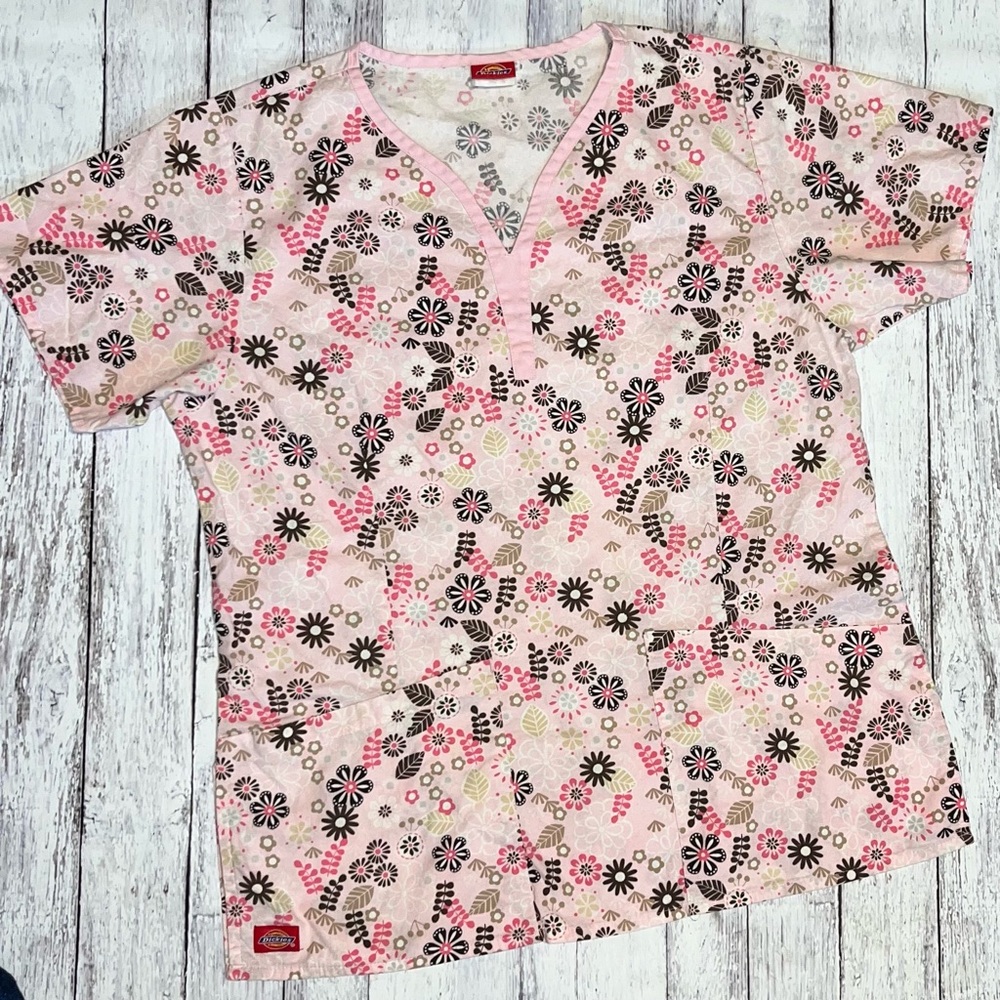 Dickies Pink Floral Medical Scrub Top